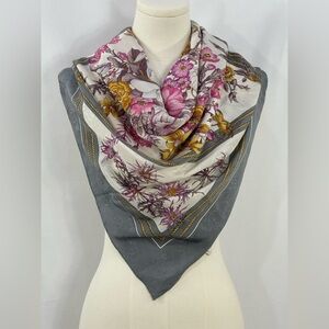 Cordier Vintage 100%  Silk Scarf Gray Pink Floral 34x34.5